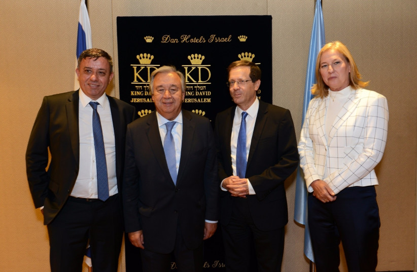 Zionist Union leaders with UN Secretary-General Antonio Guterres in Jerusalem. (photo credit: MUKI SCHWARTZ)