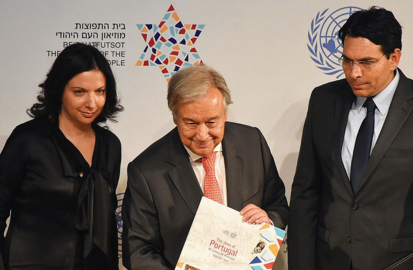 IRINA NEVZLIN, Antonio Guterres (center) and Danny Danon (photo credit: AVIV HOFI)