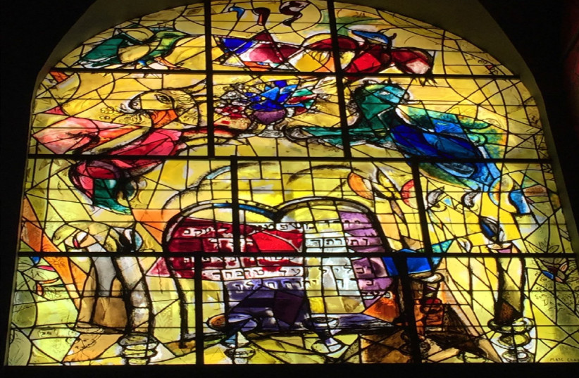 Brazen beauty: Assistant Charles Marq’s new method for applying color to glass allowed Marc Chagall to use up to three colors on a single pane. (photo credit: ARIEL DOMINIQUE HENDELMAN)