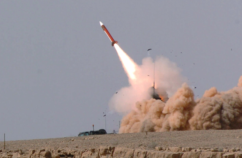 A picture released by Israeli Defence Forces press office shows a launch of a Patriot missile in southern Israel (photo credit: REUTERS)