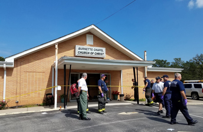  The scene where people were injured when gunfire erupted at the Burnette Chapel Church of Christ, in Nashville (photo credit: REUTERS)