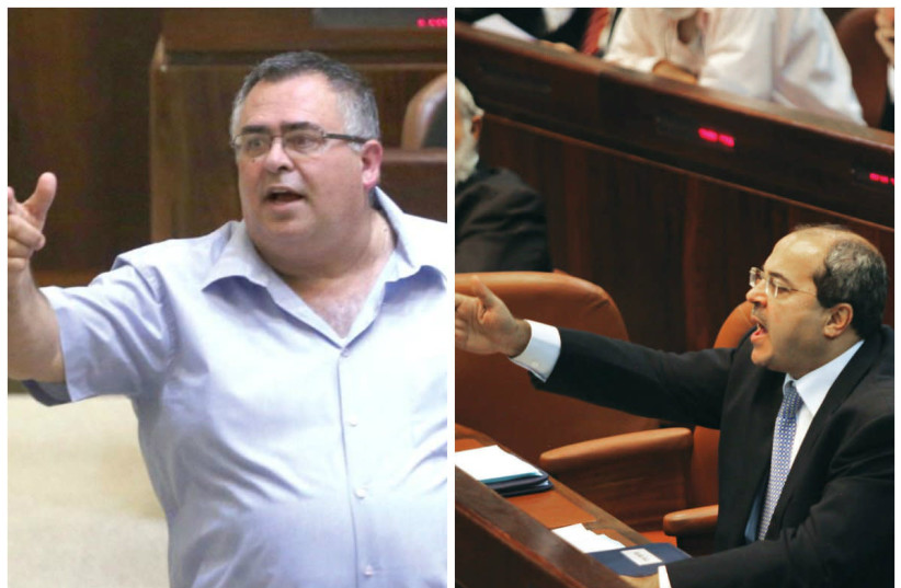Likud MK David Bitan (left) and Joint List MK Ahmed Tibi gesture during Knesset debates (photo credit: MARC ISRAEL SELLEM)