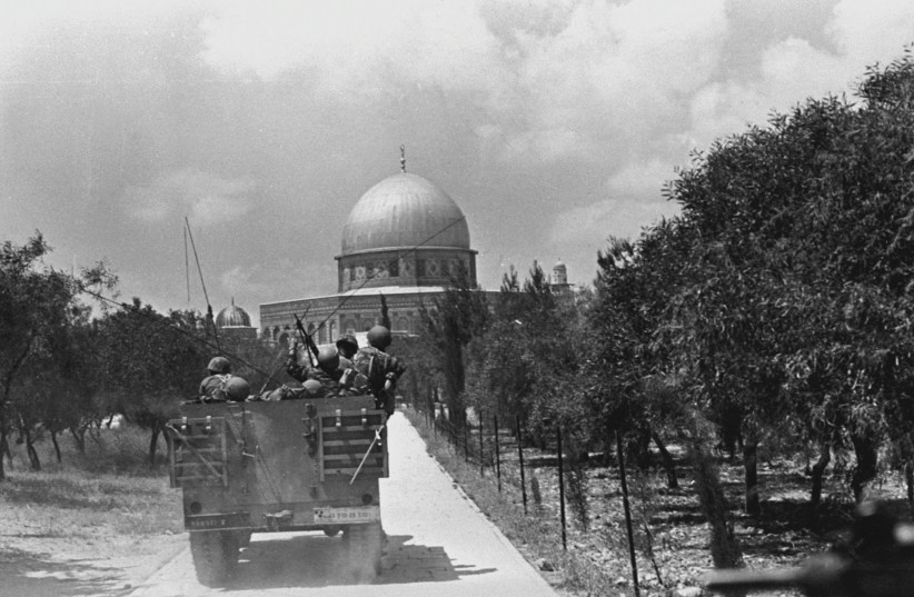 IDF Soldiers arrive at the Temple Mount during the Six Day War in June of 1967. A few months later, the Arab League met, declaring, ‘No peace with Israel, no recognition of Israel, no negotiations with it.’ (photo credit: GPO)