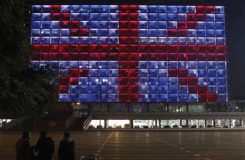 RABIN SQUARE with a British flag on the Tel Aviv City Hall building (photo credit: REUTERS)