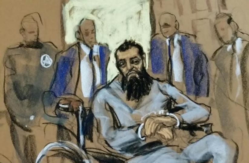 Sayfullo Saipov, the suspect in the New York City truck attack, is seen in this courtroom sketch appearing in Manhattan federal courtroom in a wheelchair in New York, NY, US, November 1, 2017. (photo credit: REUTERS/JANE ROSENBERG)