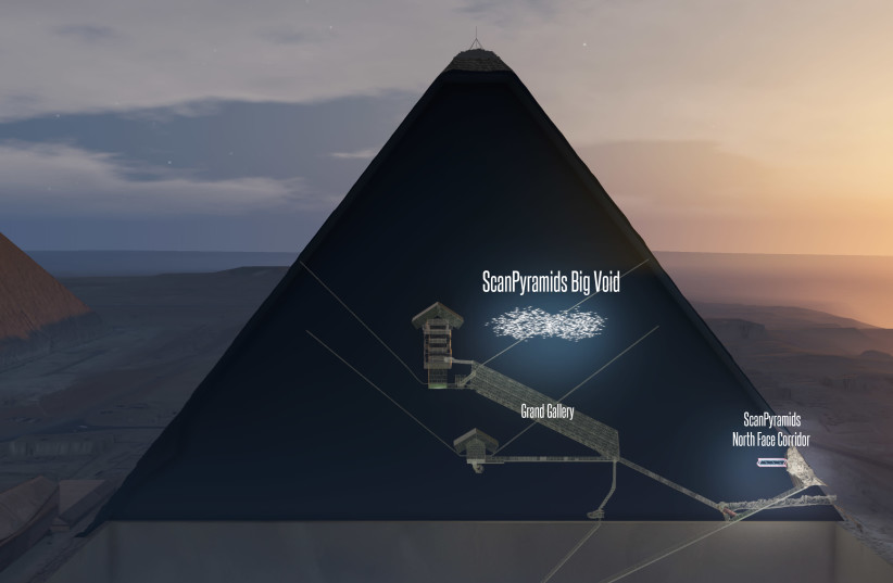 A 3D artistic view of the chamber recently found in the pyramids. (photo credit: AFP PHOTO / NATURE PUBLISHING GROUP / SCANPYRAMIDS)