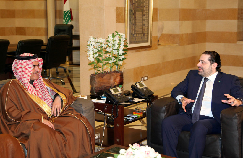 Lebanon's Prime Minister Saad al-Hariri (R) meets with Saudi Arabia's Arab Gulf Affairs Minister Thamer al-Sabhan in Beirut, Lebanon February 6, 2017. (photo credit: REUTERS)