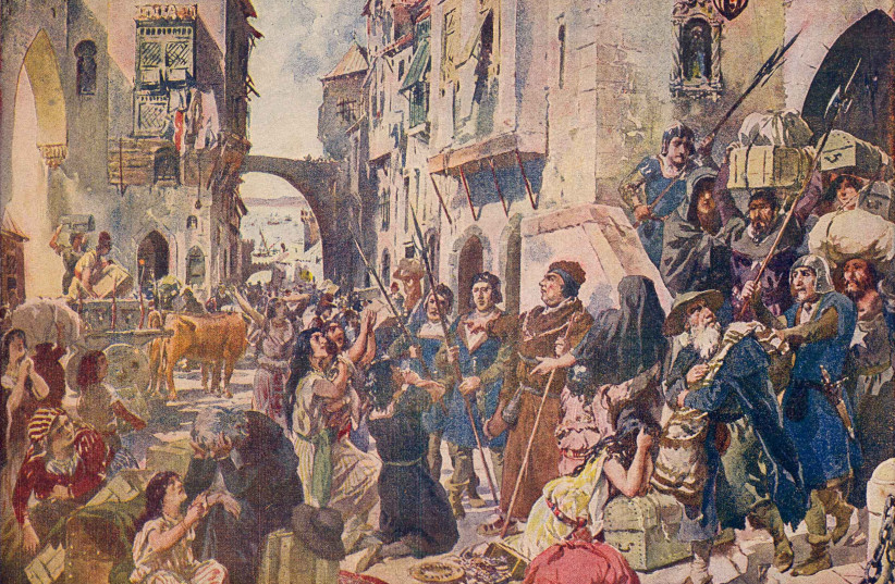 ‘EXPULSION OF the Jews in 1497,’ a 1917 watercolor by Alfredo Roque Gameiro (photo credit: Wikimedia Commons)