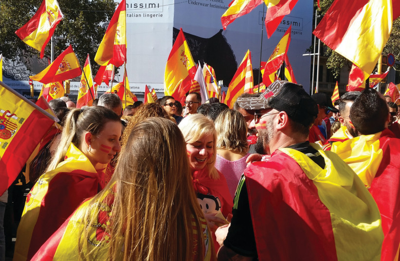 Unistas at a Barcelona pro-union street rally on October 29 (photo credit: JON IMMANUEL)