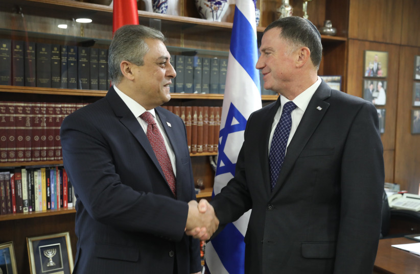 Egyptian Ambassador to Israel Hazem Khairat with Knesset Speaker Yuli Edelstein. (photo credit: ISAAC HARARI / KNESSET SPOKESPERSON'S OFFICE)