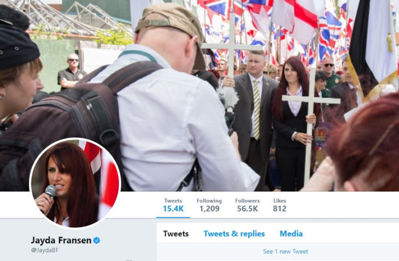 Britain First leader Jayda Fransen's Twitter page (photo credit: COURTESY TWITTER)