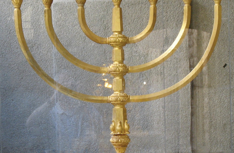 A reconstruction of the Temple’s menorah, created by the Temple Institute in the Old City’s Jewish Quarter (photo credit: Wikimedia Commons)