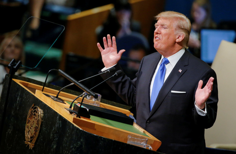 US President Donald Trump addresses the 72nd United Nations General Assembly at U.N. headquarters in New York, September 19, 2017 (photo credit: REUTERS/EDUARDO MUNOZ)