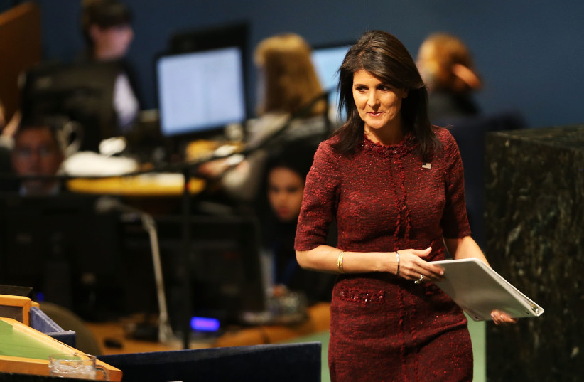 Nikki Haley, United States Ambassador to the United Nations, prepares to speak on the floor of the General Assembly on December 21, 2017 in New York City (photo credit: AFP PHOTO)