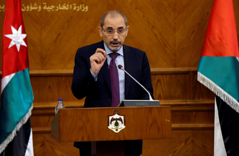 Jordan's Foreign Minister Ayman Safadi speaks during a joint news conference (photo credit: MUHAMMAD HAMED/REUTERS)