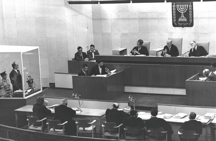 SUPREME COURT judges deliberate in the courthouse at Jerusalem’s Beit Ha’am before delivering their verdict at the appeal of Nazi war criminal Adolf Eichmann in 1961 (photo credit: GPO)