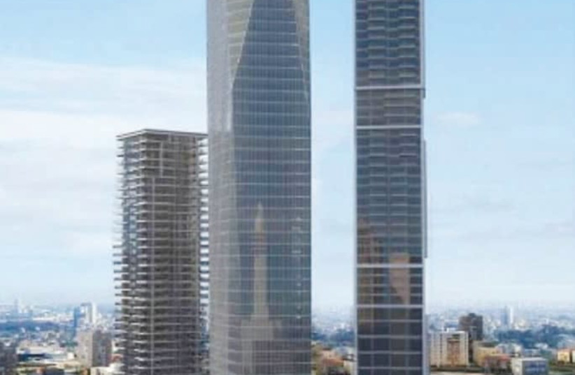 An office tower (center), to be built between Jabotinsky St. and Arlozorov St., seen in this artist's rendering (Tito Architects) (photo credit: TITO ARCHITECTS)