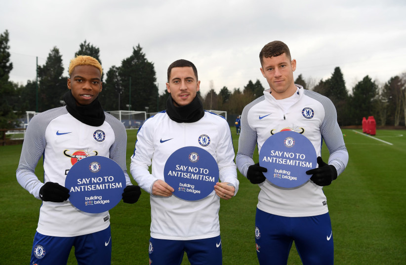 Chelsea FC players Charly Musonda, Eden Hazard, and Ross Barkley participate in the team's initiative against antisemitism, January 2018 (photo credit: CHELSEA FOOTBALL CLUB)
