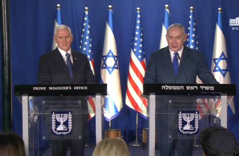 Prime Minister Benjamin Netanyahu and US Vice President Mike Pence deliver joint adresses on January 22, 2018. (photo credit: YOUTUBE SCREENSHOT)
