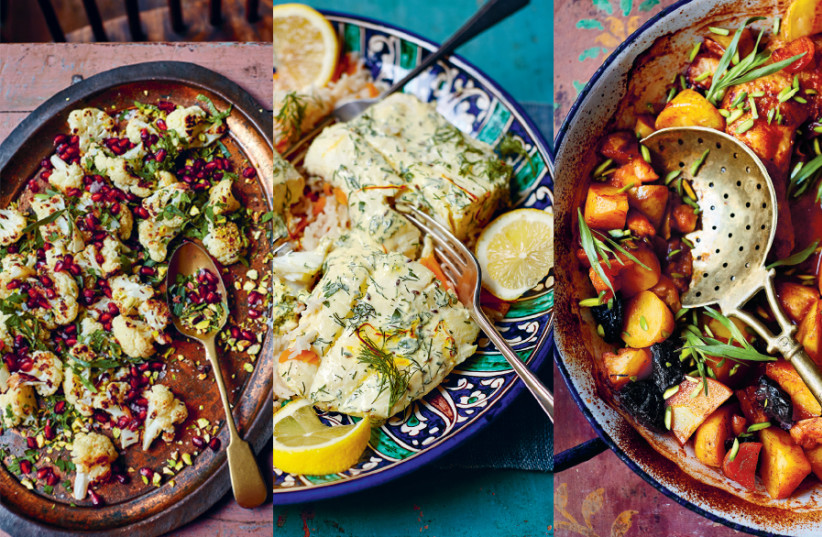  Roasted cauliflower, fish and saffron pilaf and chicken hotpot (photo credit: LAURA EDWARDS)