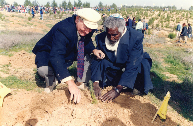 Recent immigrants celebrate Tu Bishvat by planting trees in Yatir Forest near Arad in the 1990s (photo credit: JOE MALCOLM)