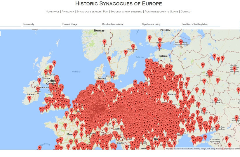 The interactive map of synagogues in Europe. (photo credit: screenshot)