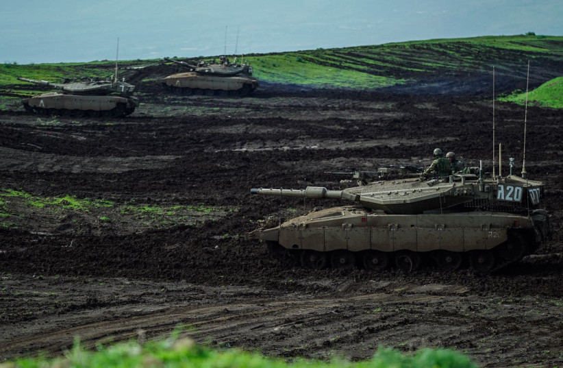 Israeli tanks during an exercise near the northern border on February 22, 2018. (photo credit: IDF SPOKESPERSON'S OFFICE)