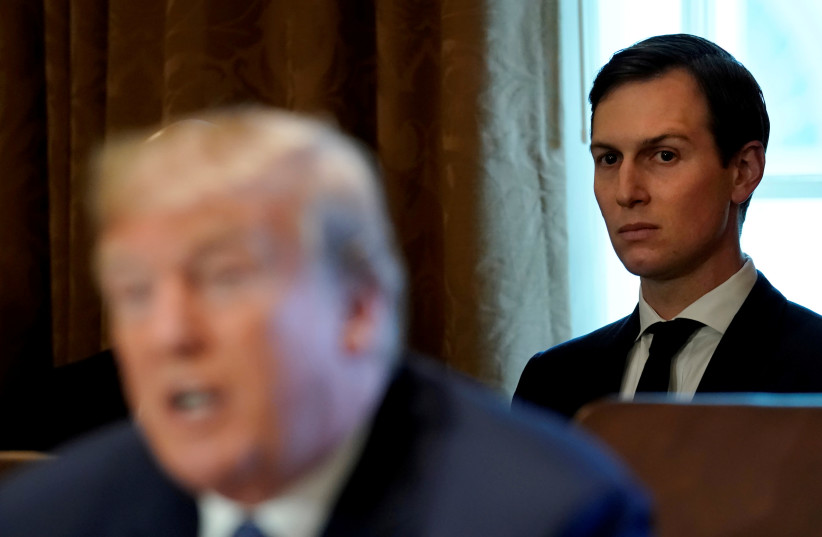 White House Senior adviser Jared Kushner sits behind U.S. President Donald Trump during a cabinet meeting at the White House in Washington, U.S., November 1, 2017 (photo credit: REUTERS/KEVIN LAMARQUE)