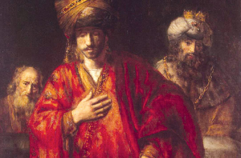 HAMAN RECOGNIZES His Fate’ (produced between 1648 and 1665) by either the famed Dutch painter Rembrandt or his workshop (photo credit: Wikimedia Commons)