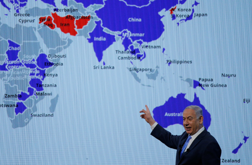 Prime Minister Benjamin Netanyahu speaks at the AIPAC policy conference in Washington (photo credit: BRIAN SNYDER/REUTERS)