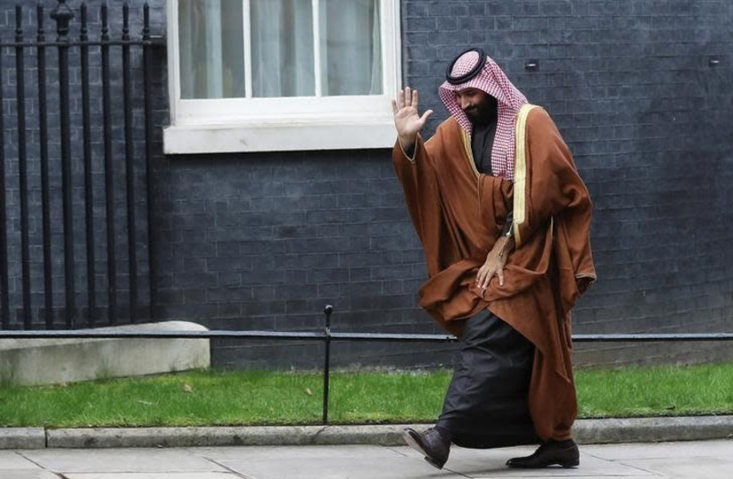 Crown Prince of Saudi Arabia Mohammad bin Salman arrives to meet Britain's Prime Minister Theresa May in Downing Street in London, March 7, 2018 (photo credit: SIMON DAWSON/ REUTERS)
