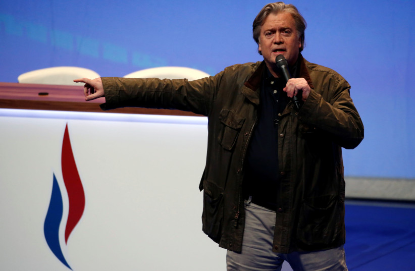 Former White House Chief Strategist Steve Bannon attends the National Front party convention in Lille, France, March 10, 2018 (photo credit: PASCAL ROSSIGNOL/REUTERS)