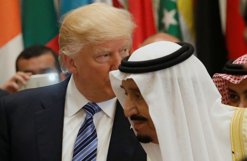US President Donald Trump and Saudi Arabia's King Salman bin Abdulaziz Al Saud (R) attend the Arab Islamic American Summit in Riyadh, Saudi Arabia May 21, 2017. (photo credit: REUTERS/JONATHAN ERNST)