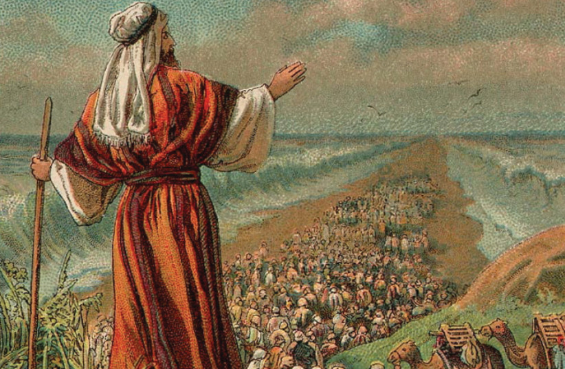 THE PARTING of the Red Sea during the Jewish nation’s escape from Egypt, an illustration from a Bible card published 1907 by the Providence Lithograph Company (photo credit: Wikimedia Commons)