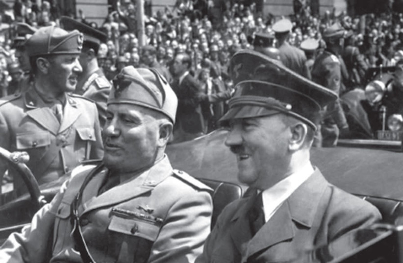 BENITO MUSSOLINI and Adolf Hitler ride in a car in Munich in June 1940 (photo credit: NARA)