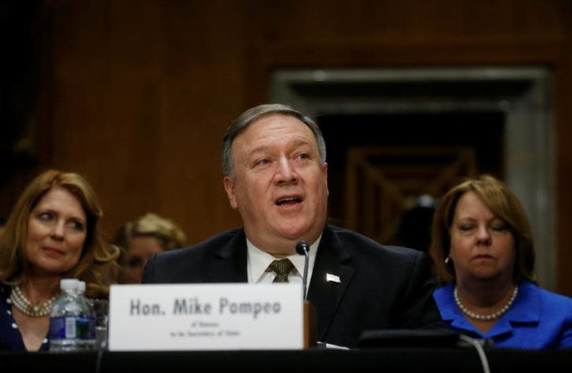 CIA Director Mike Pompeo testifies before a Senate Foreign Relations Committee confirmation hearing on Pompeo’s nomination to be secretary of state on Capitol Hill in Washington, DC, U.S., April 12, 2018. (photo credit: REUTERS/LEAH MILLIS)