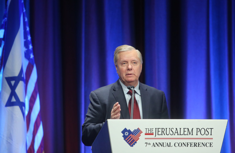 United States Senator Lindsey Graham (R-SC) speaks at the 7th Annual Jerusalem Post Conference on April 29th, 2018. (photo credit: MARC ISRAEL SELLEM/THE JERUSALEM POST)