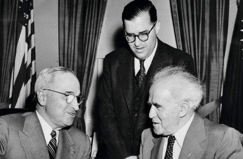 President Harry Truman welcomes prime minister David Ben-Gurion and Israel’s ambassador Abba Eban to the White House on May 1, 1951 (photo credit: FRITZ COHEN/GPO)
