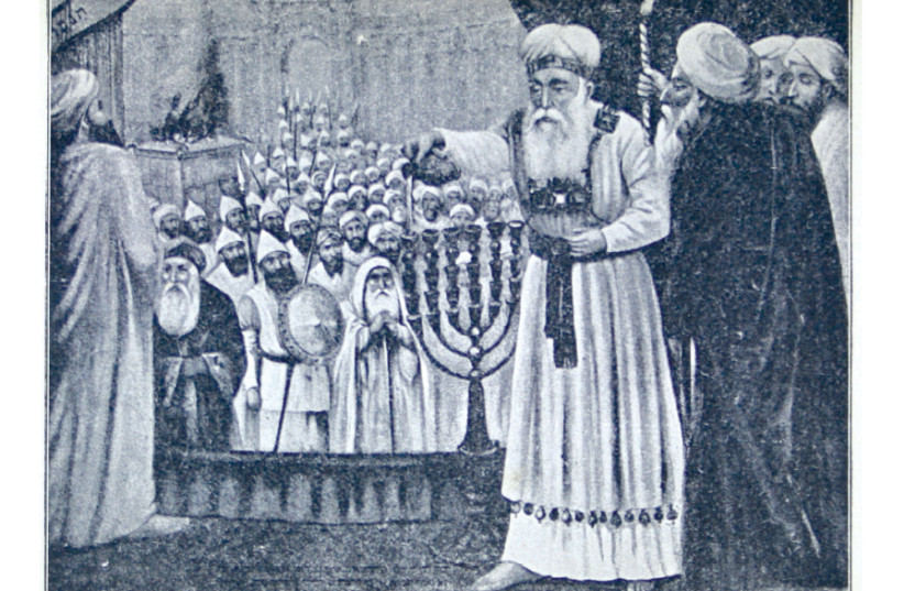 A ROSH Hashana card depicts the ‘kohen gadol’ (high priest) pouring oil over the menorah (photo credit: NATIONAL LIBRARY OF ISRAEL/WIKIMEDIA COMMON)