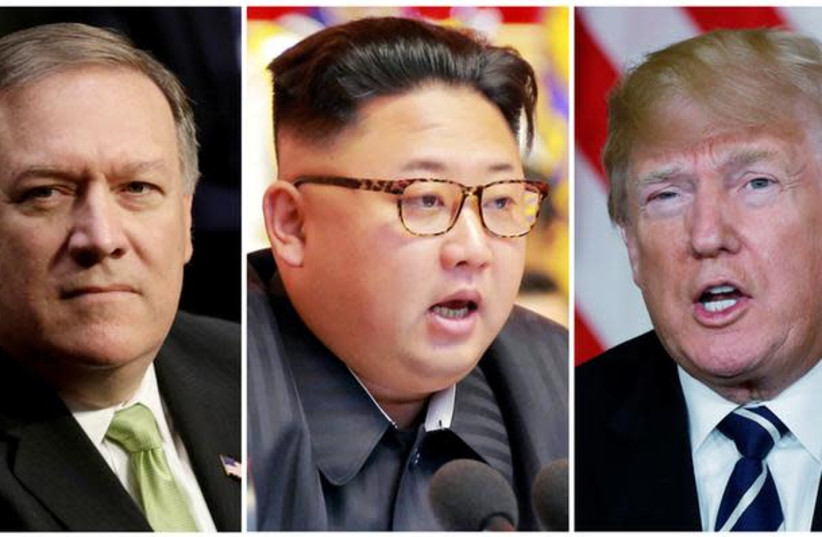 A combination photo shows Mike Pompeo (L) in Washington, North Korean leader Kim Jong Un (C) in Pyongyang, North Korea and US President Donald Trump (R), in Palm Beach, Florida, US. (photo credit: KCNA/ REUTERS)