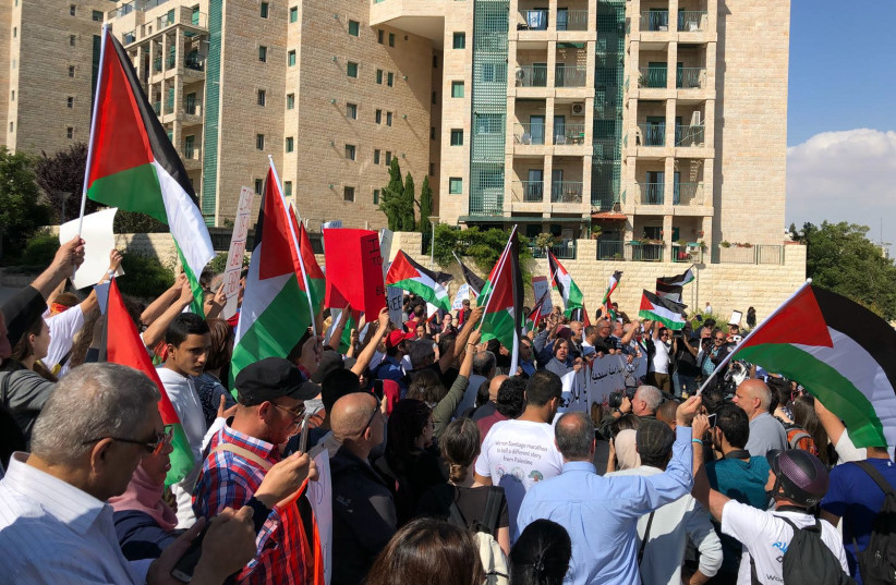 Protests outside the inauguration of the US embassy in Jerusalem, May 14, 2018 (photo credit: JOINT LIST)