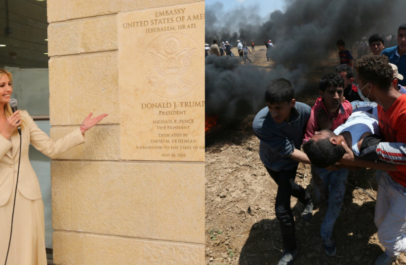 Ivanka Trump at the opening of the US embassy in Jerusalem (L), and a wounded Palestinian is evacuated during a protest at the Israel-Gaza border in the southern Gaza Strip (R). May 14, 2018 (photo credit: REUTERS + MARC ISRAEL SELLEM)