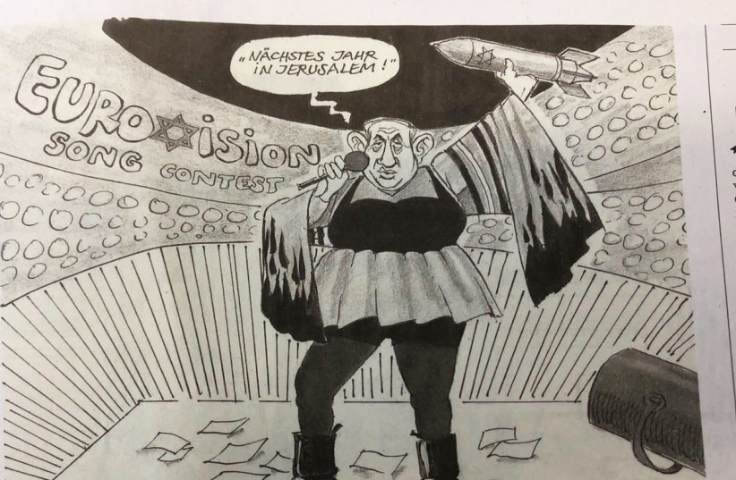 Cartoon shows Netanyahu celebrating the Eurovision song stage in Netta Barzilai's attire while holding a missile with has a Star of David imposed on it (photo credit: TWITTER SCREENSHOT)
