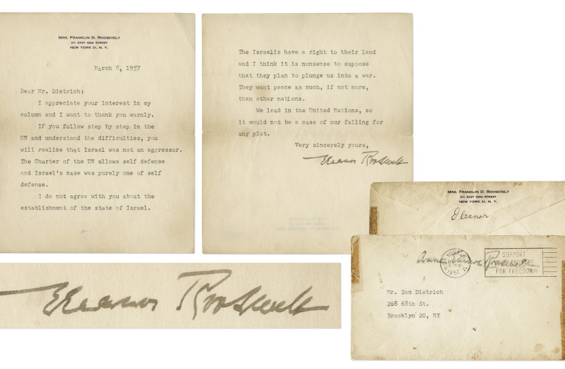 A letter from 1957 in which former first lady Eleanor Roosevelt defends the actions of Israel during the Suez Crisis (photo credit: NATE D. SANDERS AUCTIONS)