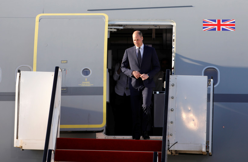 Prince William exits his plane upon arriving in Israel. (photo credit: AMIR COHEN - REUTERS)