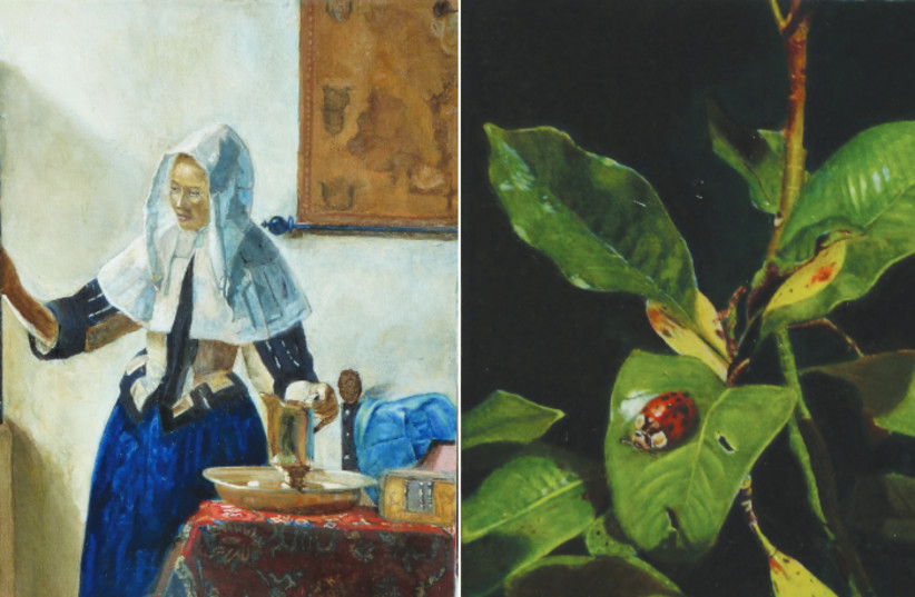 Right: Study of ‘Young Woman with a Pitcher’ originally painted by Dutch renaissance  artist Jan Vermeer. Left: Still life: ‘Leaves in the Shadows (photo credit: MOSHE L. KUSKIN)