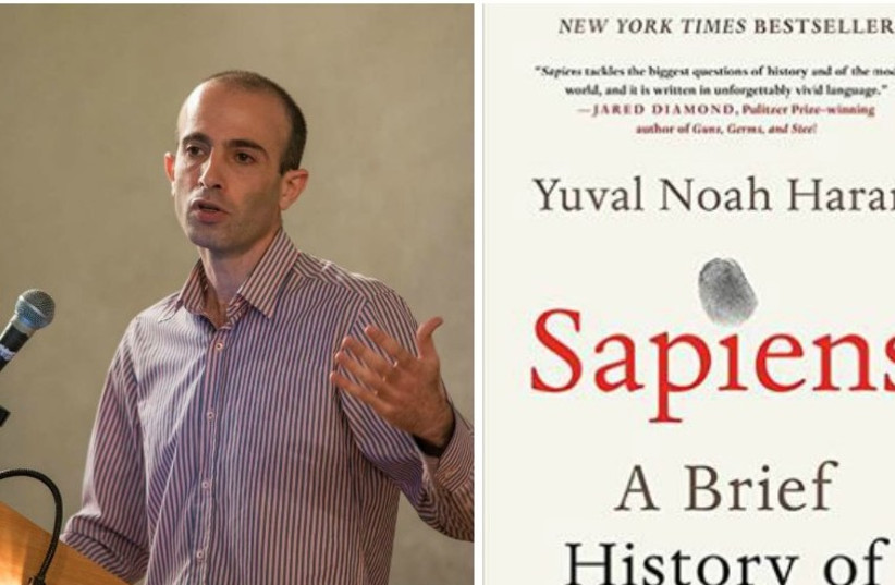Yuval Noah Harari and a copy of his book "Sapiens". (photo credit: WIKIPEDIA)