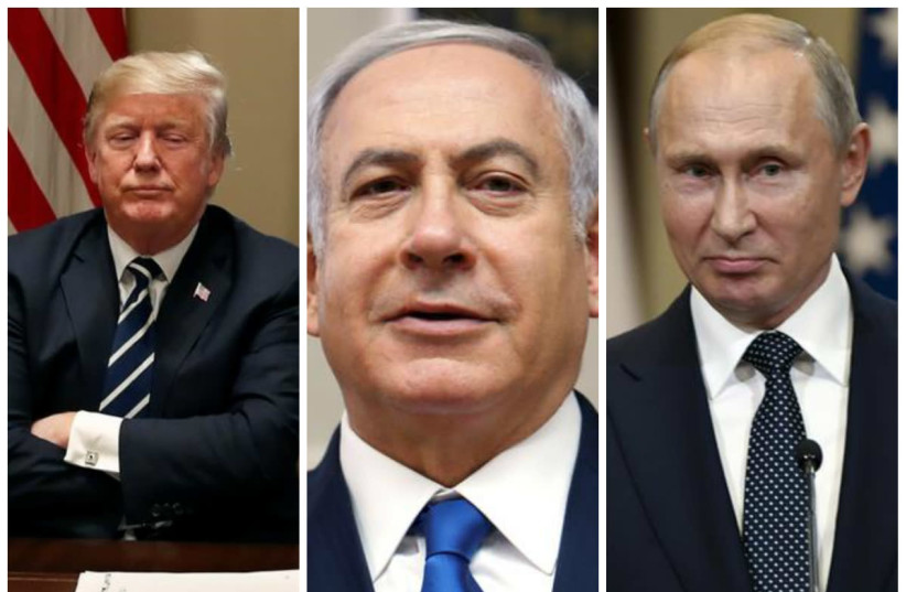 United States President Donald Trump (L), Prime Minister Benjamin Netanyahu (C) and Russian President Vladimir Putin (R) (photo credit: REUTERS)