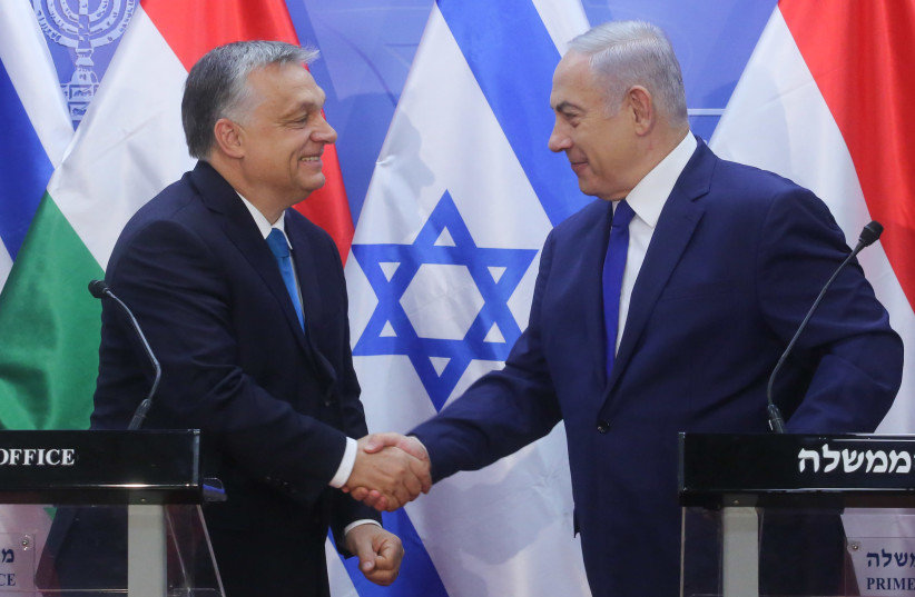 Former Prime Minister Benjamin Netanyahu meets with Hungary's controversial right-wing, anti-immigrant prime minister, Viktor Orban who is visiting Israel (photo credit: MARC ISRAEL SELLEM)
