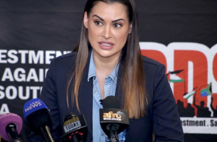 Supermodel and brand ambassador Shashi Naidoo speaks at a BDS South Africa press conference last month (photo credit: BDS SOUTH AFRICA)